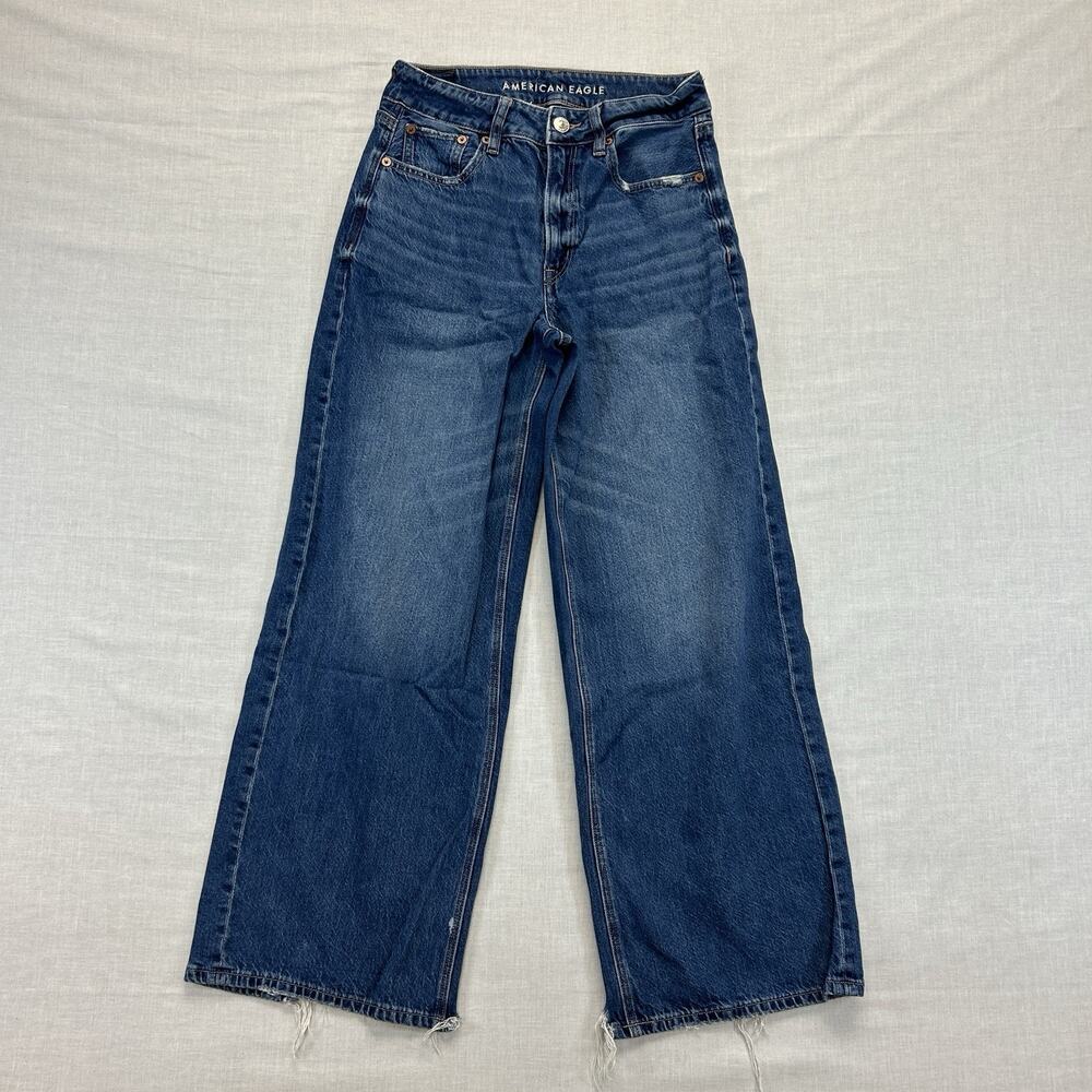 American Eagle Super High Rise Baggy Wide Leg Ankle Jeans Womens 00 Blue Stretch